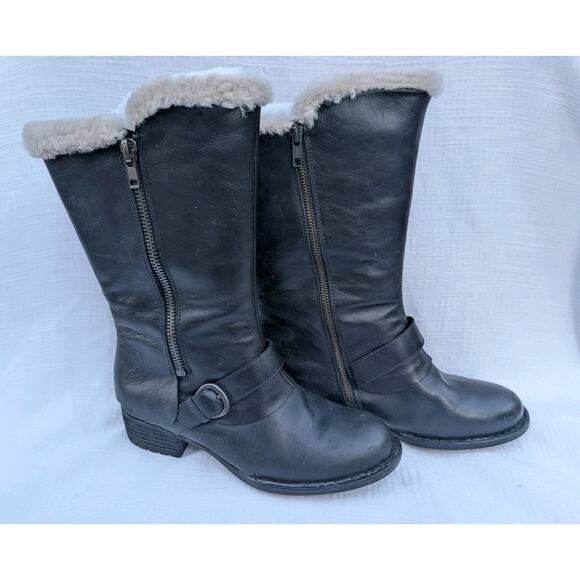 Born Womens Goji Mid Calf Leather Boots Sz 9 Faux Fur Lined Black Side Zip